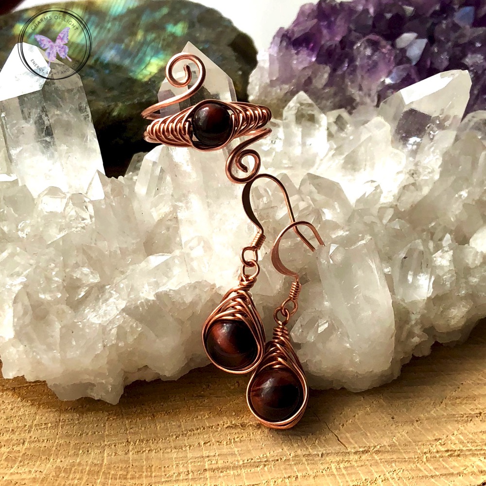 Red Tiger Eye Copper Herringbone Earrings